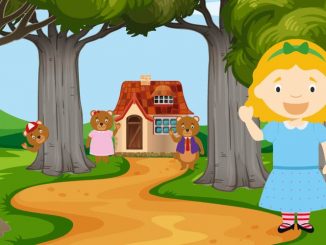 Goldilocks standing in front of the bears' cottage.